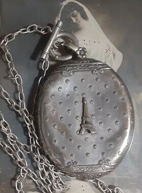 Victorian Era c1889-1899 Eiffel Tower Mirror & Picture Locket On Sterling Chain